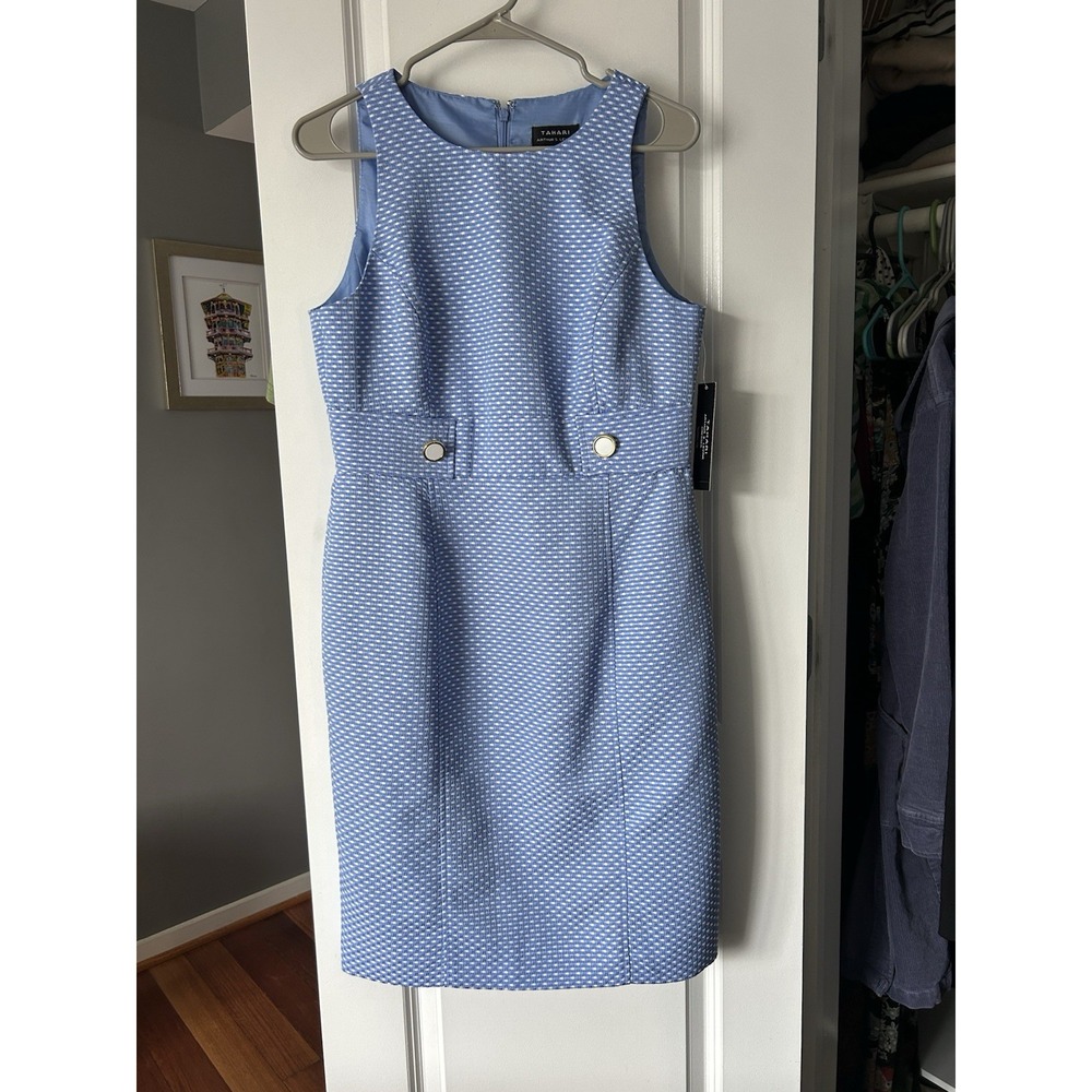 NWT Tahari Arthur S. Levine Nellie Dress Blue White Polka Dot Sheath Size 8